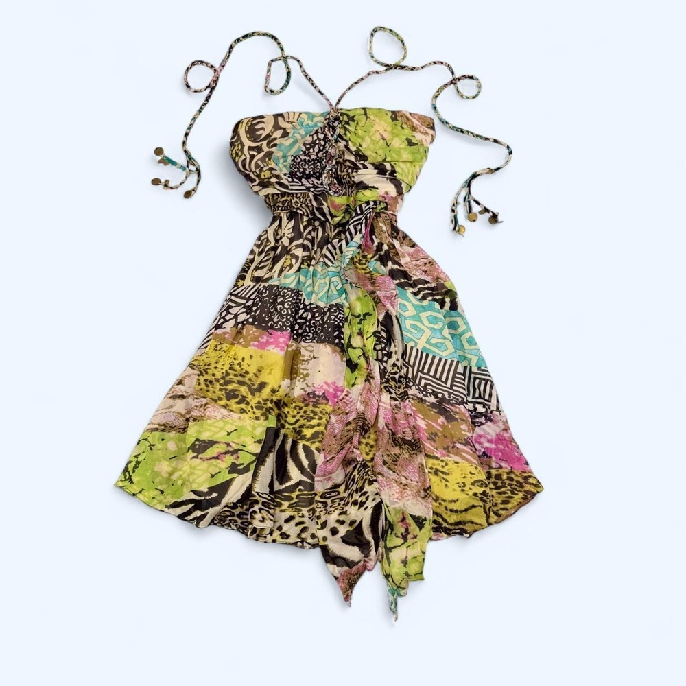 Cocoon Y2K Silk Animal Print Halter Dress Handkerchief Hem Sequin Accents Size 0 - Picture 3 of 8